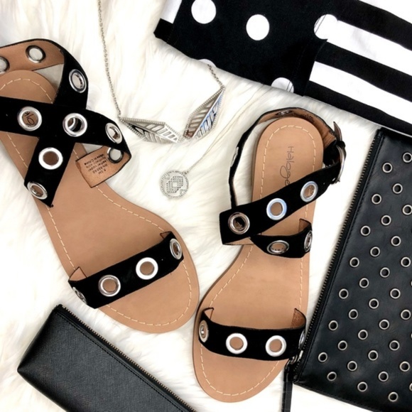 Halogen Shoes - Black Suede Grommet Flat Sandals